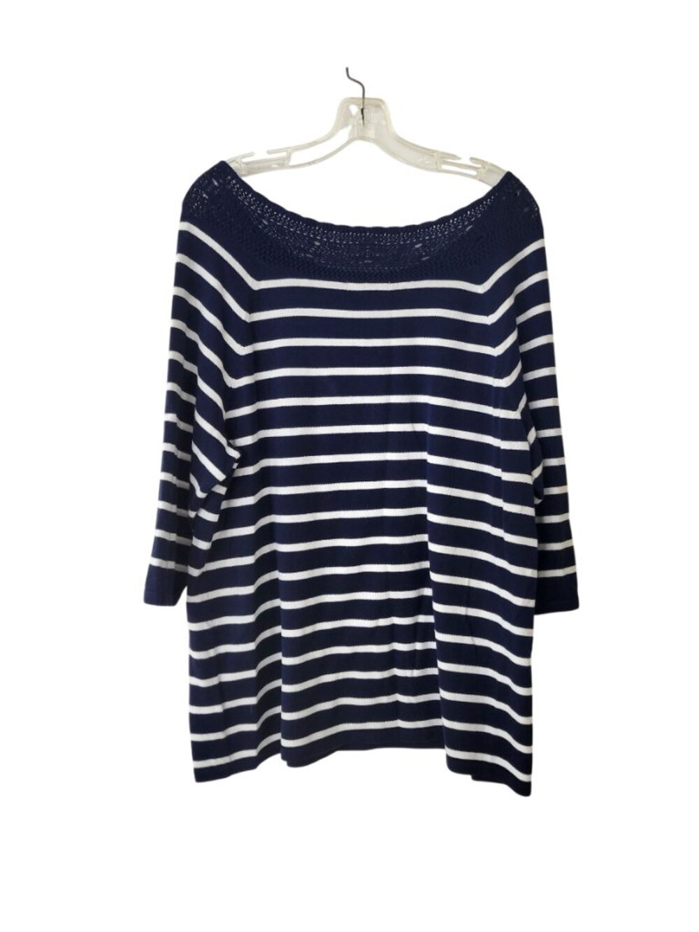 Chaps Navy and White Striped Pullover Sweater with Crocheted Neckline - Picture 3 of 5
